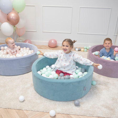 KiddyMoon Suchy basen okrągły STRIPES z piłeczkami 7 cm Zabawka basen piankowy, zielony: biały-szary-mięta