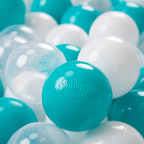 KiddyMoon Plastikowe piłeczki 7cm Zabawka zestaw kulek, turkus-transparent-biały