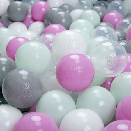 KiddyMoon Plastikowe piłeczki 6cm Zabawka zestaw kulek, transparent-szary-biały-róż-mięta