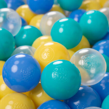 KiddyMoon Plastikowe piłeczki 6cm Zabawka zestaw kulek, turkus-niebieski-żółty-transparent