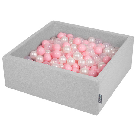 KiddyMoon Suchy basen kwadratowy 90x30 Zabawka basen piankowy, jasnoszary: pudrowy róż-perła-transparent