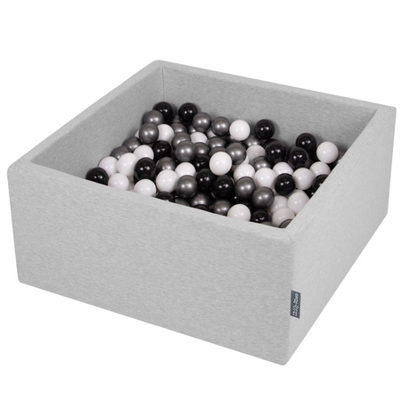 KiddyMoon Suchy basen kwadratowy z piłeczkami 7cm Zabawka basen piankowy, jasnoszary: biały-czarny-srebrny