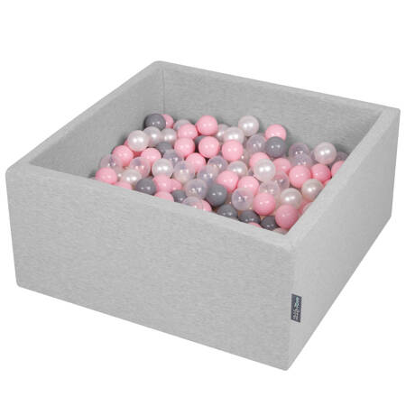 KiddyMoon Suchy basen kwadratowy z piłeczkami 7cm Zabawka basen piankowy, jasnoszary: perła-szary-transparent-pudrowy róż