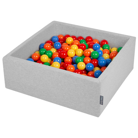 KiddyMoon Suchy basen kwadratowy z piłeczkami 7cm Zabawka basen piankowy, jasnoszary: żółty-zielony-niebieski-czerwony-pomarańcz