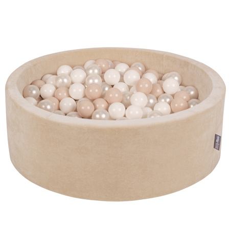 KiddyMoon Suchy basen okrągły VELVET z piłeczkami 7cm Zabawka basen piankowy, beż piasku: pastelowy beż-biały-perła