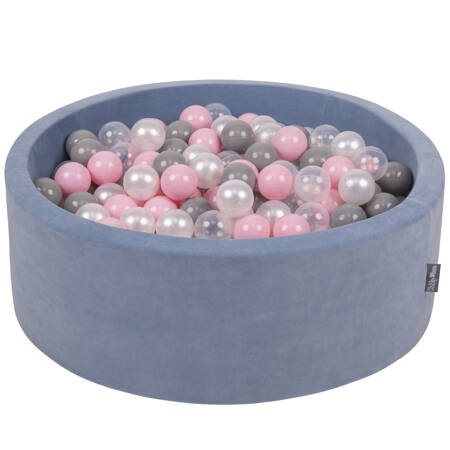 KiddyMoon Suchy basen okrągły VELVET z piłeczkami 7cm Zabawka basen piankowy, błękit lodu: perła-szary-transparent-pudrowy róż