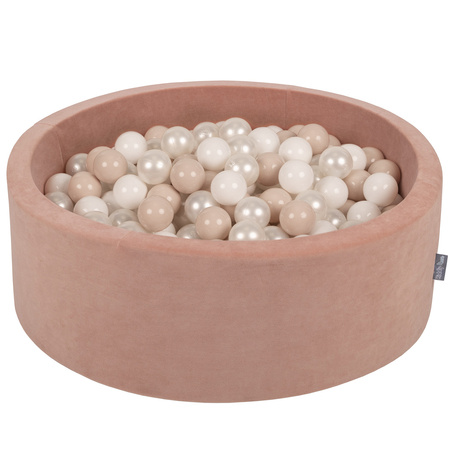 KiddyMoon Suchy basen okrągły VELVET z piłeczkami 7cm Zabawka basen piankowy, róż pustyni: pastelowy beż-biały-perła