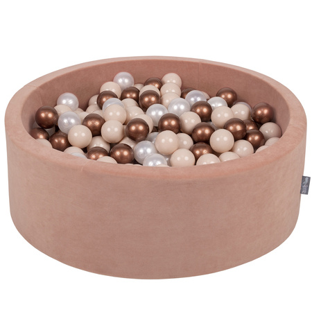 KiddyMoon Suchy basen okrągły VELVET z piłeczkami 7cm Zabawka basen piankowy, róż pustyni: pastelowy beż-miedziany-perła