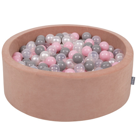 KiddyMoon Suchy basen okrągły VELVET z piłeczkami 7cm Zabawka basen piankowy, róż pustyni: perła-szary-transparent-pudrowy róż