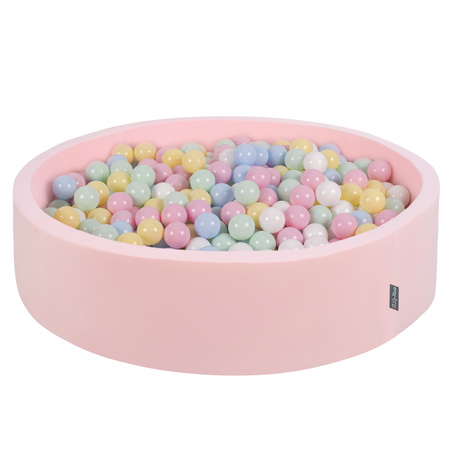 KiddyMoon Suchy basen okrągły z piłeczkami 7cm 120x30 Zabawka basen piankowy, różowy: pastelowy niebieski-pastelowy żółty-biały-mięta-pudrowy róż