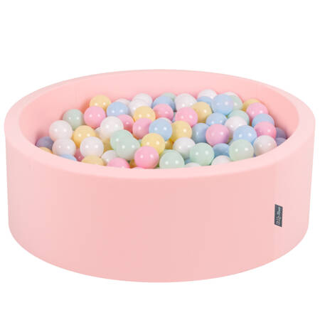 KiddyMoon Suchy basen okrągły z piłeczkami 7cm Zabawka basen piankowy, różowy: pastelowy niebieski-pastelowy żółty-biały-mięta-pudrowy róż