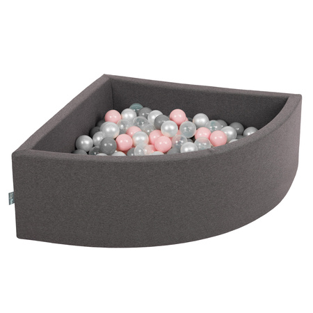 KiddyMoon Suchy basen trójkątny z piłeczkami 7cm Zabawka basen piankowy, ciemnoszary: perła-szary-transparent-pudrowy róż