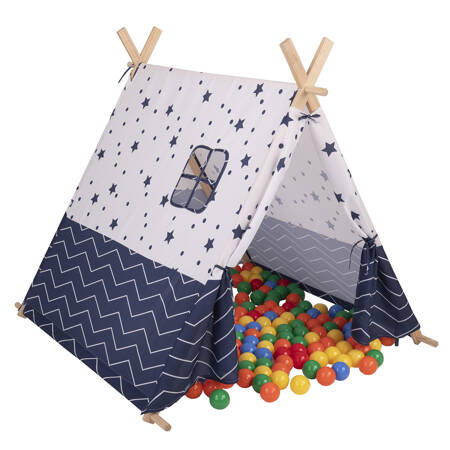 Namiot tipi NT-100X z piłeczkami 6cm Zabawka namiot dla dzieci, granatowy-gwiazdki: żółty-zielony-niebieski-czerwony-pomarańcz