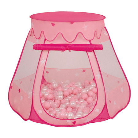 Namiot zamek NZ-100X z piłeczkami 6cm Zabawka namiot dla dzieci, różowy: pudrowy róż-perła-transparent