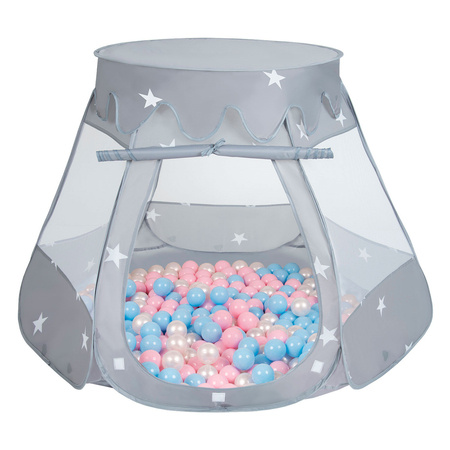 Namiot zamek NZ-100X z piłeczkami 6cm Zabawka namiot dla dzieci, szary: babyblue-pudrowy róż-perła