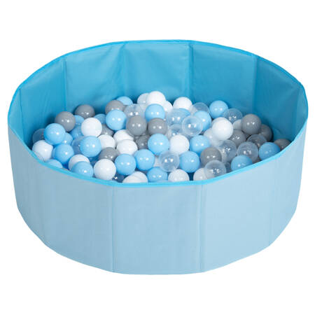 Suchy basen składany BS-100X z piłeczkami 6cm Zabawka basen tekstylny, niebieski: szary-biały-transparent-babyblue