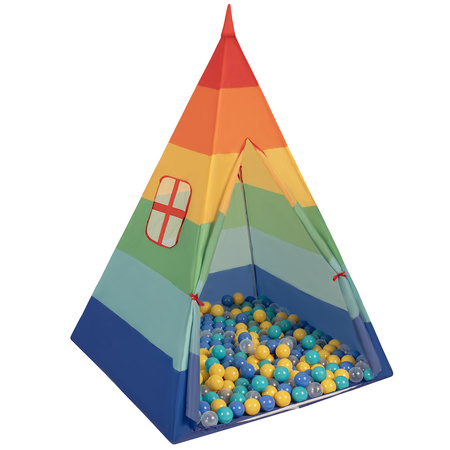  Namiot tipi NT-200X z piłeczkami 6cm Zabawka namiot dla dzieci, multikolor: turkus-niebieski-żółty-transparent