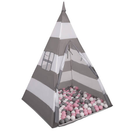  Namiot tipi NT-200X z piłeczkami 6cm Zabawka namiot dla dzieci, szaro-białe pasy: biały-szary-pudrowy róż