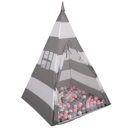  Namiot tipi NT-200X z piłeczkami 6cm Zabawka namiot dla dzieci, szaro-białe pasy: perła-szary-transparent-pudrowy róż