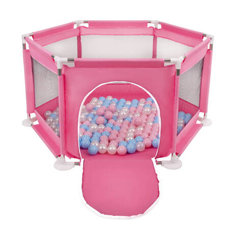  Sześciokąt składany KS-100X z piłeczkami 6cm Zabawka kojec, różowy: babyblue-pudrowy róż-perła