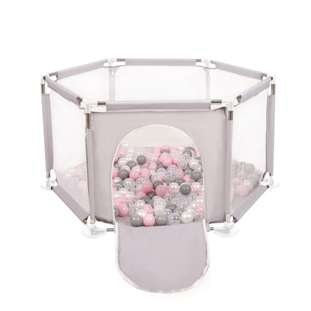 Sześciokąt składany KS-100X z piłeczkami 6cm Zabawka kojec, szary: perła-szary-transparent-pudrowy róż