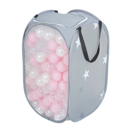KiddyMoon Kosz z siatki KO-100X z piłeczkami 6 cm Zabawka kosz składany, szary: pudrowy róż-perła-transparent