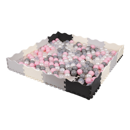 KiddyMoon Mata KX6268 z koszem z siatki KO-100X z piłeczkami 7cm Zabawka edukacyjna, szary: perła-szary-transparent-pudrowy róż