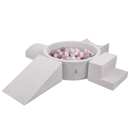 KiddyMoon Piankowy plac zabaw PPZP-OK30D-115 z piłeczkami Zabawka plac zabaw, jasnoszary: perła-szary-transparent-pudrowy róż