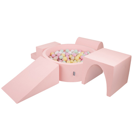 KiddyMoon Piankowy plac zabaw PPZP-OK30D-125 z piłeczkami Zabawka plac zabaw, różowy: pastelowy beż-pastelowy żółty-biały-mięta-pudrowy róż