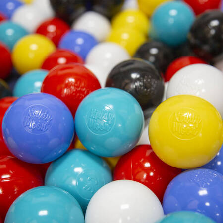 KiddyMoon Plastikowe piłeczki 6cm Zabawka zestaw kulek, czarny-biały-niebieski-czerwony-żółty-turkus