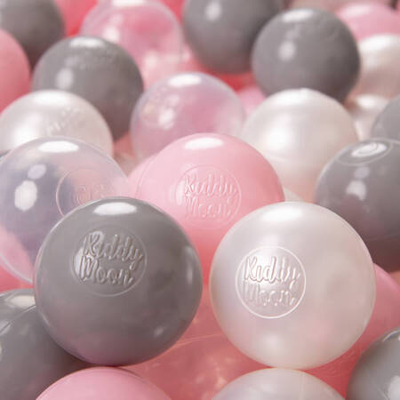 KiddyMoon Plastikowe piłeczki 6cm Zabawka zestaw kulek, perła-szary-transparent-pudrowy róż