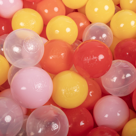 KiddyMoon Plastikowe piłeczki 6cm Zabawka zestaw kulek, transparent-żółty-pudrowy róż-pomarańcz-czerwony