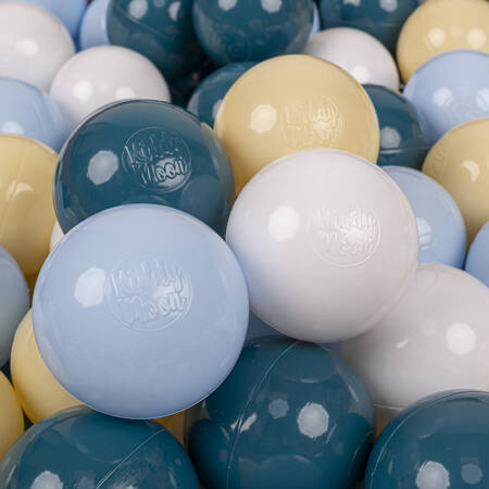 KiddyMoon Plastikowe piłeczki 7cm Zabawka zestaw kulek, ciemny turkus-pastelowy niebieski-pastelowy żółty-biały