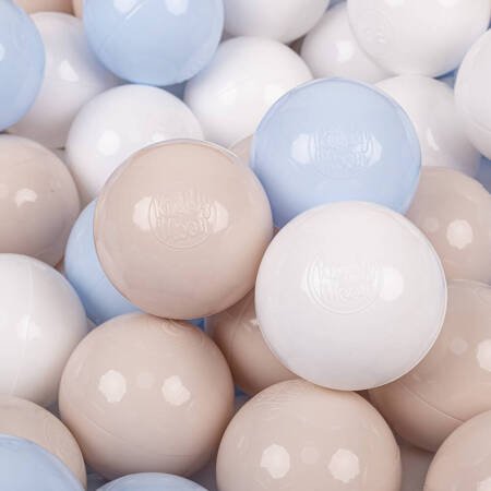 KiddyMoon Plastikowe piłeczki 7cm Zabawka zestaw kulek, pastelowy beż-pastelowy niebieski-biały