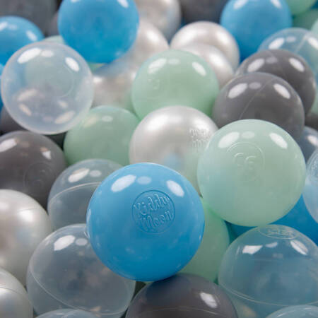 KiddyMoon Plastikowe piłeczki 7cm Zabawka zestaw kulek, perła-szary-transparent-babyblue-mięta
