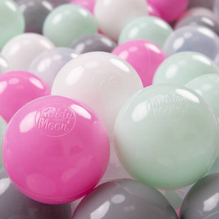 KiddyMoon Plastikowe piłeczki 7cm Zabawka zestaw kulek, transparent-szary-biały-róż-mięta