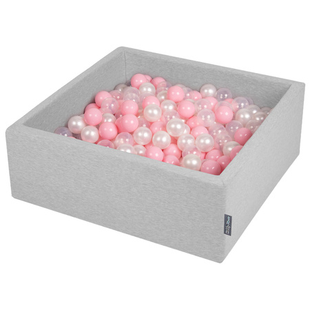 KiddyMoon Suchy basen kwadratowy 90x30 Zabawka basen piankowy, jasnoszary: pudrowy róż-perła-transparent