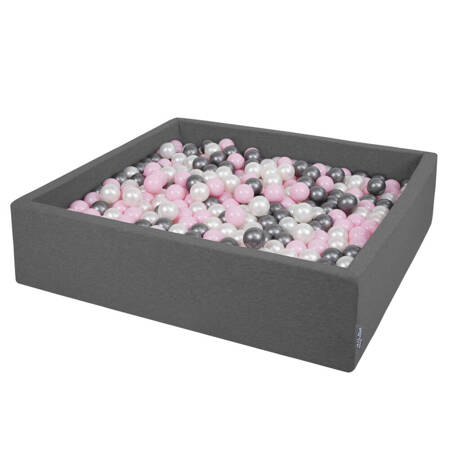KiddyMoon Suchy basen kwadratowy z piłeczkami 7cm 120x30 Zabawka basen piankowy, ciemnoszary: perła-pudrowy róż-srebrny