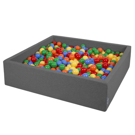 KiddyMoon Suchy basen kwadratowy z piłeczkami 7cm 120x30 Zabawka basen piankowy, ciemnoszary: żółty-zielony-niebieski-czerwony-pomarańcz