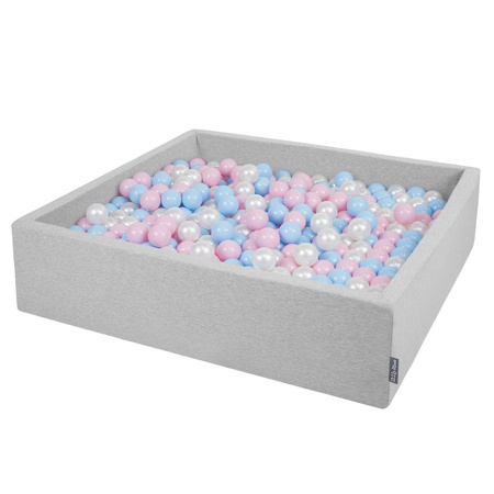 KiddyMoon Suchy basen kwadratowy z piłeczkami 7cm 120x30 Zabawka basen piankowy, jasnoszary: babyblue-pudrowy róż-perła