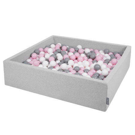 KiddyMoon Suchy basen kwadratowy z piłeczkami 7cm 120x30 Zabawka basen piankowy, jasnoszary: biały-szary-pudrowy róż