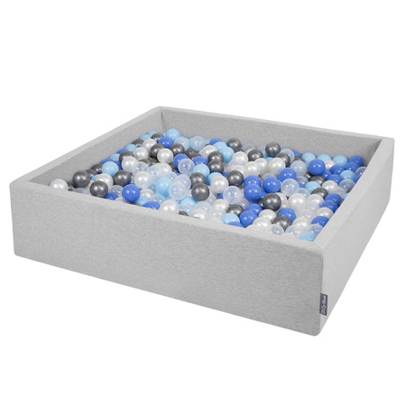 KiddyMoon Suchy basen kwadratowy z piłeczkami 7cm 120x30 Zabawka basen piankowy, jasnoszary: perła-niebieski-babyblue-transparent-srebrny