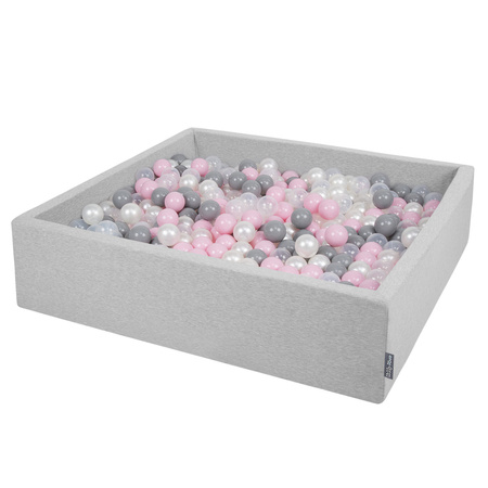KiddyMoon Suchy basen kwadratowy z piłeczkami 7cm 120x30 Zabawka basen piankowy, jasnoszary: perła-szary-transparent-pudrowy róż