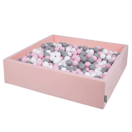 KiddyMoon Suchy basen kwadratowy z piłeczkami 7cm 120x30 Zabawka basen piankowy, różowy: biały-szary-pudrowy róż