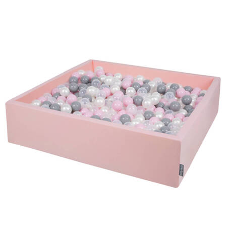 KiddyMoon Suchy basen kwadratowy z piłeczkami 7cm 120x30 Zabawka basen piankowy, różowy: perła-szary-transparent-pudrowy róż