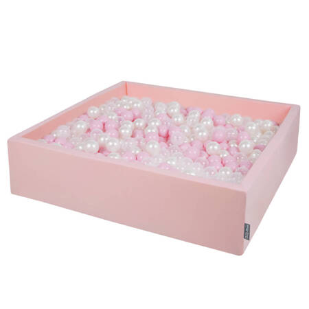 KiddyMoon Suchy basen kwadratowy z piłeczkami 7cm 120x30 Zabawka basen piankowy, różowy: pudrowy róż-perła-transparent