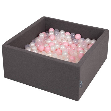 KiddyMoon Suchy basen kwadratowy z piłeczkami 7cm Zabawka basen piankowy, ciemnoszary: pudrowy róż-perła-transparent