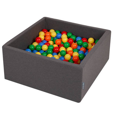 KiddyMoon Suchy basen kwadratowy z piłeczkami 7cm Zabawka basen piankowy, ciemnoszary: żółty-zielony-niebieski-czerwony-pomarańcz