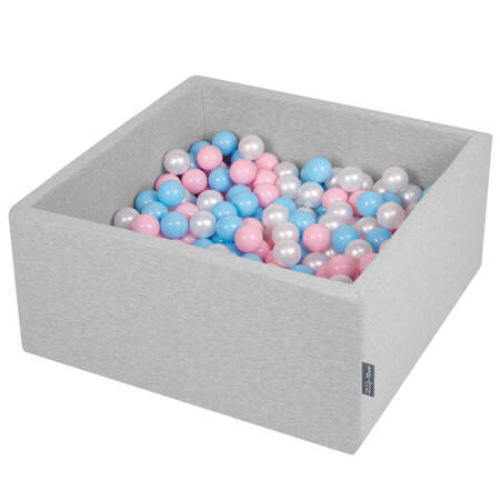 KiddyMoon Suchy basen kwadratowy z piłeczkami 7cm Zabawka basen piankowy, jasnoszary: babyblue-pudrowy róż-perła
