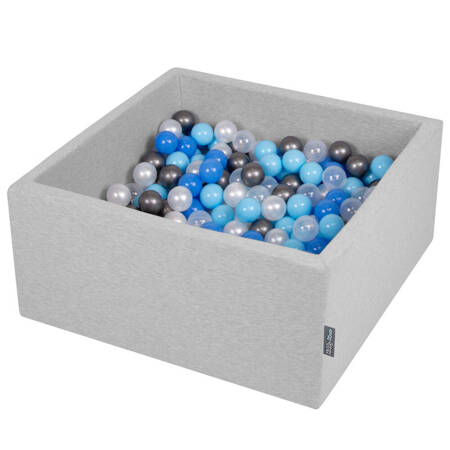 KiddyMoon Suchy basen kwadratowy z piłeczkami 7cm Zabawka basen piankowy, jasnoszary: perła-niebieski-babyblue-transparent-srebrny